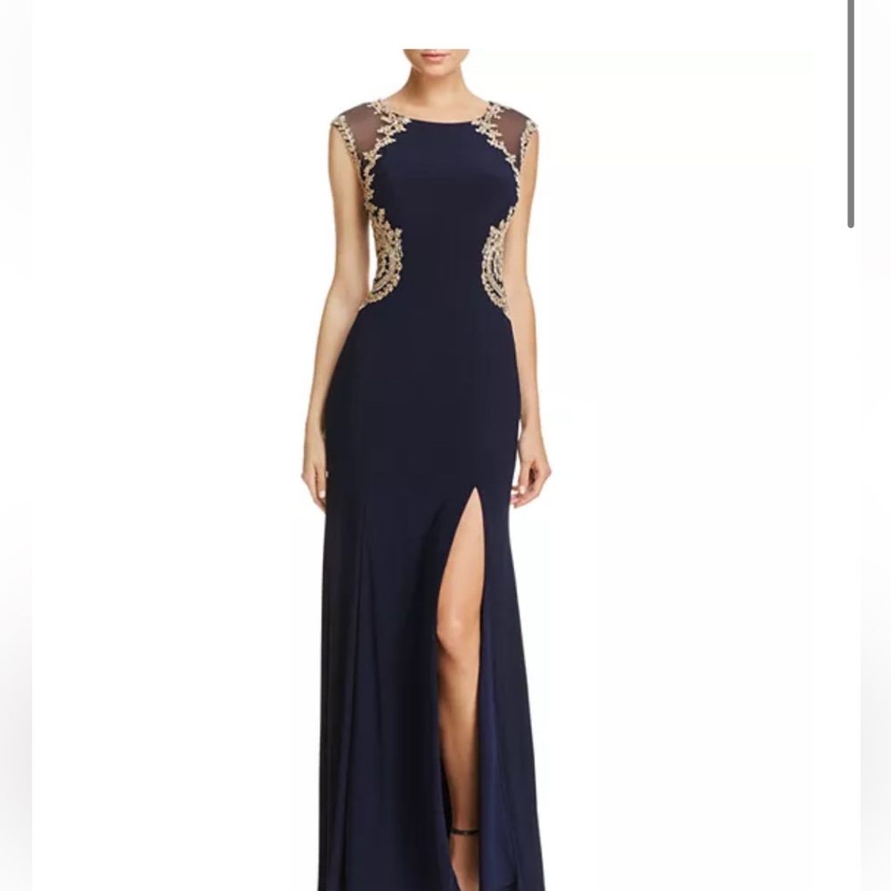 AQUA Mesh-Back Embroidered Gown